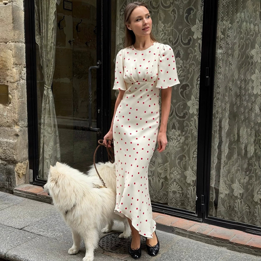 ZARA New Playful Elegant Polka Dot Short Sleeve Cinched Waist Mermaid Dress